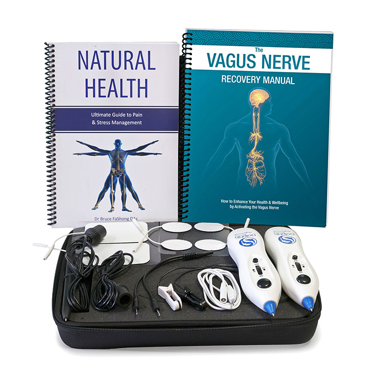 Dolphin Neurostim Pain Management and Vagus Nerve Stimulation kit with two handheld devices and accessories.